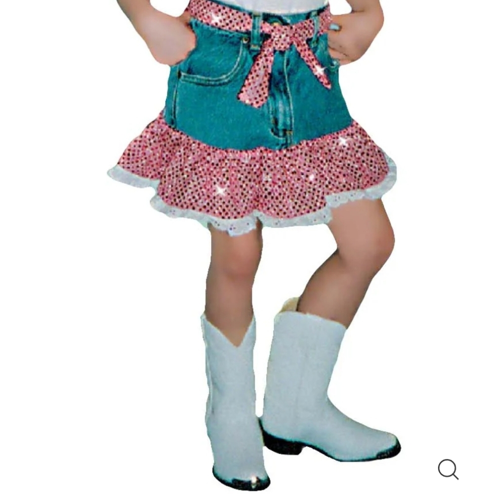Kiddie Korral Girl's Denim trimmed in pink sequined ruffles and belt Size 4